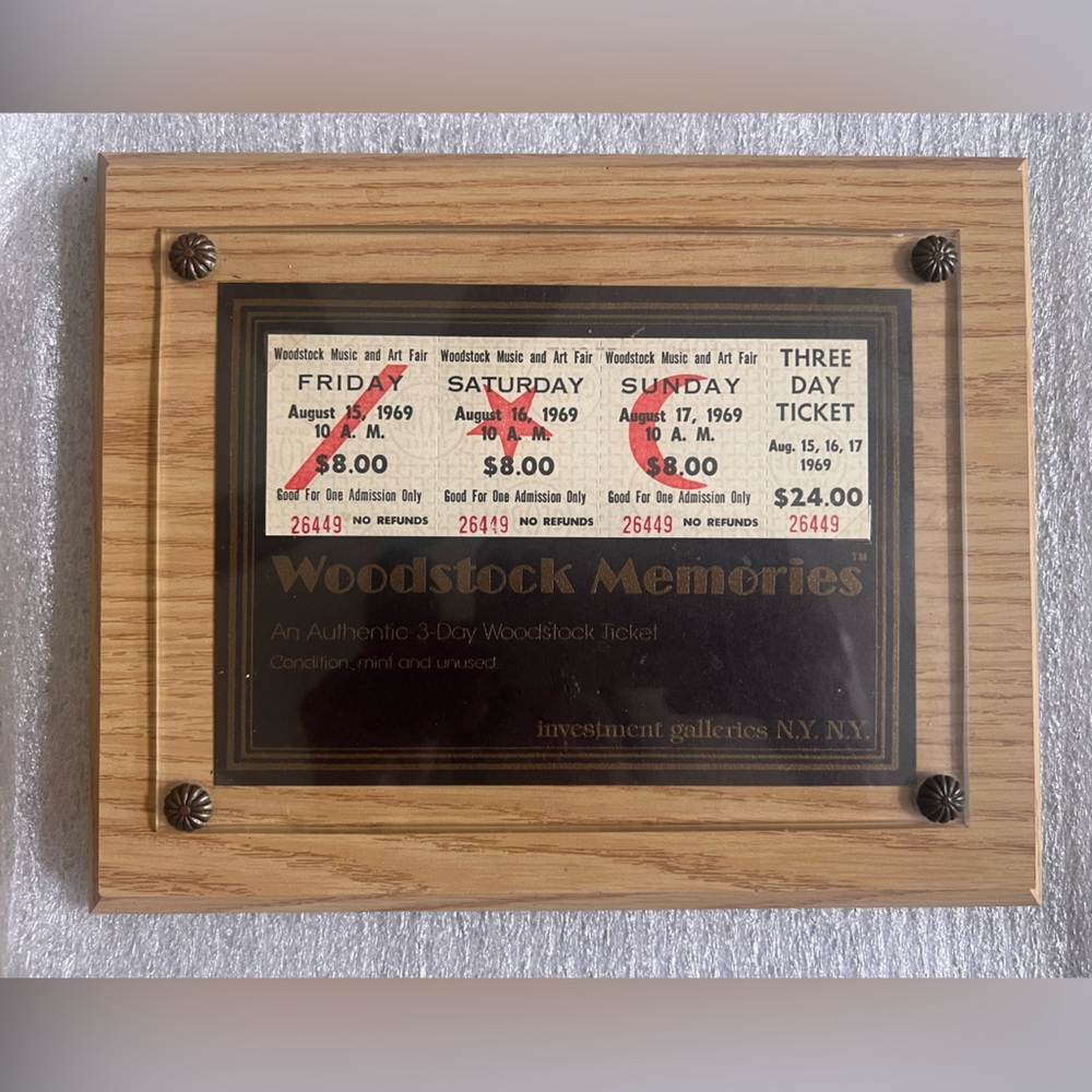 Original 1969 Woodstock 3-Day Ticket – Uncancelled, Framed Sotheby’s.